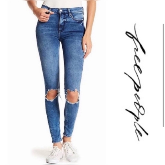 Free People Blue Jeans Distressed High Waist 31 - Picture 2 of 8